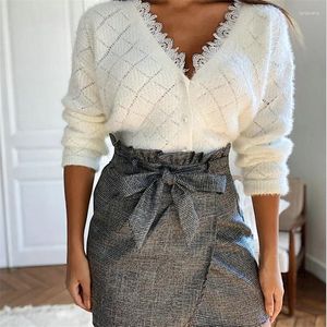 Women's Knits Women Sweaters Knit Cardigan Tops Elegant Fashion Lady Plain Long-sleeved Lace Trim V-Neck Buttons Autumn Winter