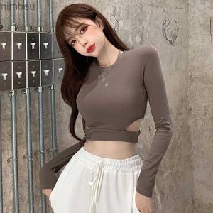 T-shirt da donna Slim Hollow Crop Top Donna Solid Basic Maglietta a maniche lunghe Casual White Fashion T Shirt Ladies Fashion Coreano Hollow Tee L240201