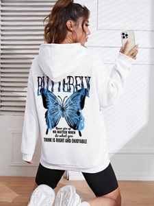 Women's Hoodies Blue Lightning Butterfly Creative Word Printed Hoody Female Cofortable Pocket Sweatshirt Loose Soft Hooded Casual