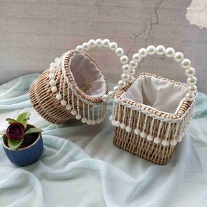 Shoulder Bags 2023 New Womens Net Red Pearl Tassel Vine Vegetable Basket andwoven oliday Grass Woven BagH2421