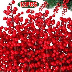 Decorative Flowers 1-12 Branches Artificial Christmas Berry Fake Berries Holly Branch Red Bouquet With 30heads Party Home Decor