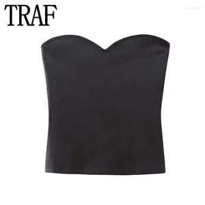 Women's Tanks TRAF Black Corset Top Woman Off Shoulder Crop Tops For Women Summer Knit Sleeveless Bustier Backless Sexy Tube