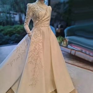 Элегантное мусульманское свадебное платье для женщин, аппликация, высокая горловина, вышивка бисером, трапециевидное атласное вечернее платье в стиле Birde, Vestido De Novia Robe De Mariage