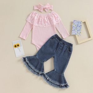 Conjuntos de roupas CitgeeAutumn Infantil Bebê Meninas Fall Outfits Manga Longa Romper Flare Jeans Headband Set Spring Roupas