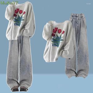 Frauen Zweiteilige Hosen 2024 Herbst Winter Blumenpullover Denim 1 oder 2 Set Dame Lose Gestrickte Pullover Jeans Outfits Mode Strickwaren