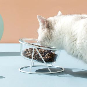 Feeders Pet Cat Bowl Glass with Metal Stand and Mat Transparent Kitten Puppy Food Feeding Dish Elevated Water Feeder Small Dog Supplies