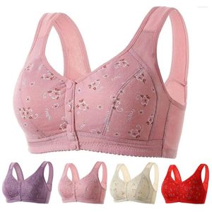 Yoga Outfit Push-up Bra Flower Print Front Button Closure Wireless With Wide Shoulder Strap For Mid-aged Soft Breathable Anti-snagging