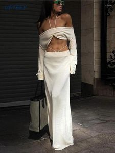 Рабочие платья, однотонный модный комплект из двух предметов, женский сексуальный короткий топ с открытой спиной, длинное платье на шнуровке, осенняя женская уличная одежда