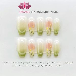 Handmade Green Press on Nails Coffin Nail Tips Full Cover With Glitter Flower Designed High Quality Wearable Manicure Artificial 240201