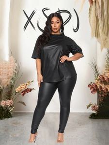 Conjunto de duas peças para mulheres primavera moda ternos topo preto com mangas e calças de couro casual sexy plus size conjuntos de correspondência 240127