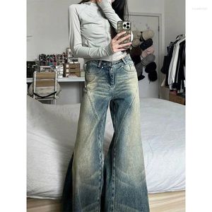 Women's Jeans Blue Washed Old Wide Leg Y2K Retro Streetwear Loose High Waist Straight Pants Fashion Korean Trendy Casual