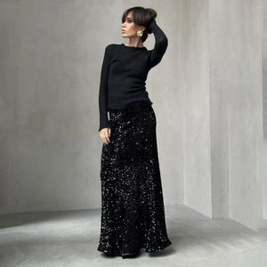 Юбки Элегантная бархатная шелковая женская юбка с блестками 2024 г., длинная уличная одежда с заниженной талией, классический год