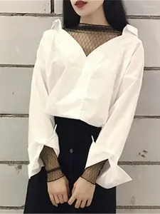 女性用ブラウス2024韓国ファッションプレッピースタイルかわいい女性シャツパッチワークメッシュストライプVネック2ピースブラウスシャツホワイトブラックZy7681