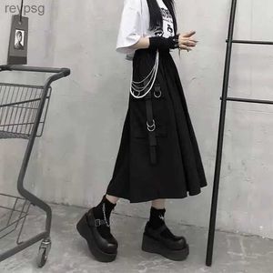 Kjolar hög midja last kjolar kvinna harajuku 2023 lös a-line ficka midi lång svart kjol hiphop mode streetwear överdimensionerad yq240201
