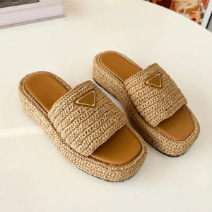 Lettera P Donna Nero Tessuto naturale all'uncinetto Sandalo flatform Pantofola Piattaforma Scivolo intrecciato Casa Fondo grosso Mulo Estate Spiaggia Infradito Suola in gomma