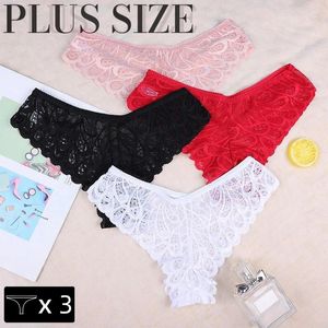 Calcinha feminina 3 pçs sexy mulheres plus size renda roupa interior tentador bonito briefs cintura baixa lingerie transparente cuecas