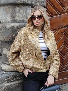 HH TRAF Autumn Sequins Golden Loose Jacket for Women Sparkle Long Sleeve Casual Bomber Jacket with Pockets Female Fashion Coats 240201