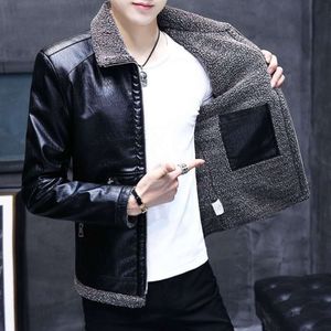 Four Seasons Warm Lamb Fleece Leather Jacket with Added Plush and Thickened Mens Lapel Collar Fur Casual Versatile VXS0