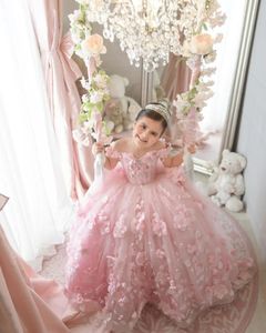 Puffy Tulle Flower Girl Dresses For Wedding 3D Flower Appliques Kids Birthday Dress Off Shoulder Crystal Princess Kids First Communion Gown