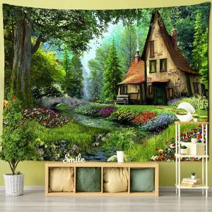 Tapestries Forest Hut Tapestry Wall Hanging Oil Painting Background Cloth Printing Psychedelic Witchcraft Bohemian Decor