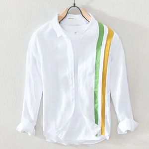 Primavera e outono masculino pescoço quadrado solto emendado algodão e cânhamo arte lazer moda elegante deslocamento camisa de manga comprida 240201