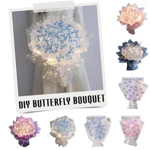 Decorative Flowers Diy Butterfly Bouquets Handmade Flower Material Package Bouquet With Light String Wedding Decor Gift For Girlfrie V8E9