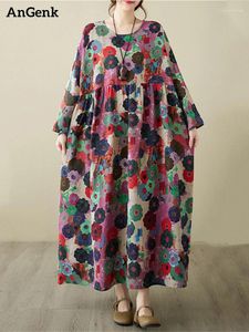 Casual klänningar överdimensionerad bomull långärmad tryck vintage för kvinnor 2024 hösten lös klänning femme mantel vestidos eleganta kläder