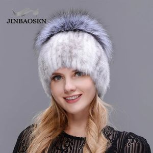 Jinbaosen estilo inverno feminino chapéu de pele de vison mais pele de raposa costura forro de malha chapéu de esqui 240127