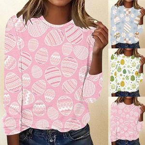 Camisetas femininas moda em torno do pescoço casual ovo de páscoa impressão camisa de manga longa feminina gola com faixa