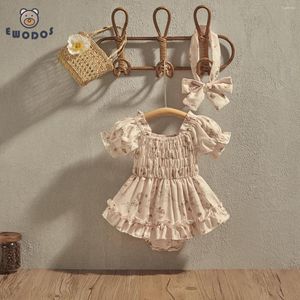 Rompers EWODOS 0-24M Baby Girls Chiffon Bodysuit Fashion Puff Sleeve Off-shoulder Pleated Flower A-line Dress With Bowknot Headbands