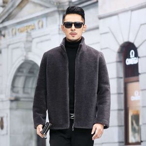 Designer Integrated Mens Sheepskin Fleece Jacket with Short Standing Collar and Double Sided Winter Lamb Fur Grass G9F0