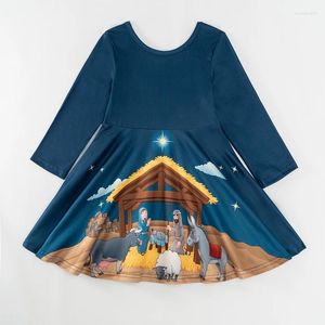 Vestidos de menina Girlymax Inverno Véspera de Natal Marinha Jesus Natividade Bebê Meninas Crianças Crianças Roupas Imprimir Twirl Joelho Comprimento Vestido de Manga Longa