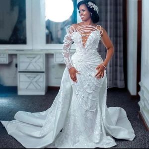 Luxury V-Neck Wedding Dress 2024 Detachable Train Pearls Sequin Beads One-Shoulder Mermaid Bridal Gown Princess Vestidos De Novia