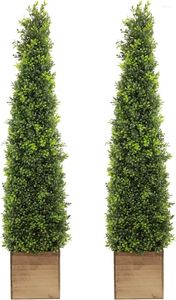 Decorative Flowers Artificial Boxwood Topiary Tree 48 Inch Tall (2 Pieces) Faux Tower In Wooden Box Planter Green Plant & Pot