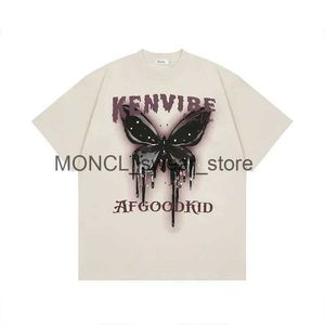 Mäns T-shirts Summer 2023 Ny High Street Butterfly Print Kortärmad T-shirt Män och kvinnor Lossa retro Street Couples Women Clothing Y2KH2421