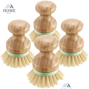 クリーニングブラシNewbamboo Wood Round Mini Palm Scrub Brush Stiff Bristles Wet Cleaning Wash Dishes Pots Pan