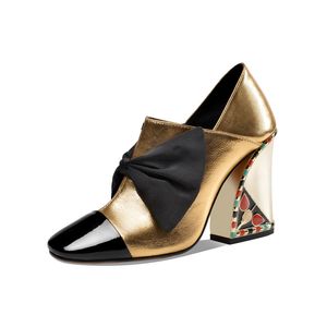 2024 Yeni Kadınlar Karışım Renkler Koyun Derisi Deri Renkli Pırlanta 10.5cm Kare Tıknaz Yüksek Topuklu Ayakkabı Siyah Metal Yağlılık Ayakkarları Evlenmek Jane Dantel Bowtie Patchwork