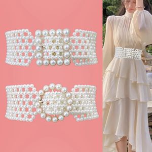 Womens Runway Pearl Knitted Stretch Cummerbunds Female Waist Big Dress Waistband Elastic Belts For Women Wide Corset Belt 240122