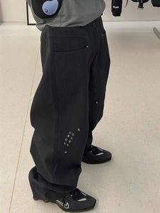 Kiko kostadinov orta yüksek bel çizgili batı pantolon gevşek düz bacak rahat siyah perçin uzun pantolon erkekler için