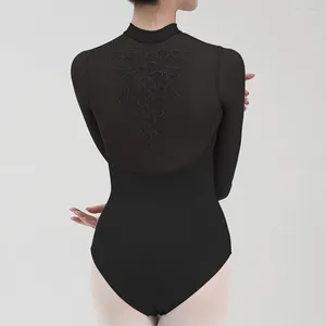 Stage Wear Maniche lunghe Chiffon sexy Indietro Balletto Body Ginnastica Body in lycra di alta qualità Donna Costume da ballo nero / grigio