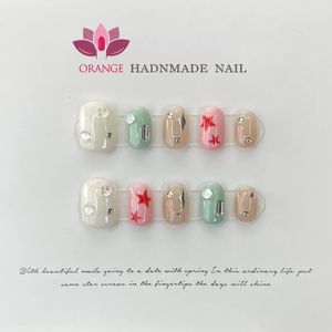 Feito à mão gótico curto imprensa em naile strass cabeça redonda manicure decoração wearable completo com design acrílico prego para meninas 240201