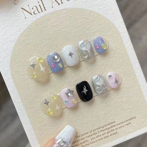 Ручная работа Kawaii Press on Nails Короткие корейские Partysu Cute Star Многоразовые клейкие накладные ногти Акриловые типсы Nail Art Y2k Girls 240201