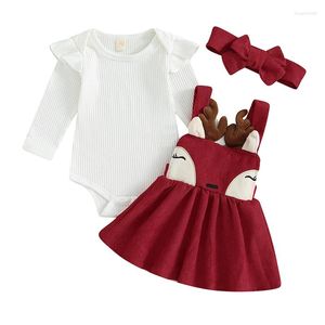 Kläder sätter baby flicka julkläder långärmad romper hjort hängande kjol pannband småbarn xmas kostym jultomten