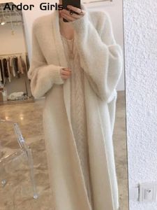 Women's Knits Fluffy Long Cardigan Women Elegant Sleeve Fur Loose Female Knit Sweater Coat 2024 Autumn Winter Street Maxi Lady Outwear