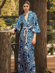 Casual Dresses Catwalk High Quality Ladies Spring Fashion Blue Print Bohemian Elegant Chic Pretty Travel Lantern Sleeve Long Dress