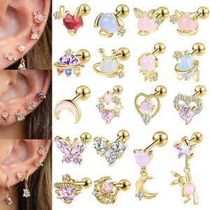 Stud Earrings ZS 16/20G Cat Crystal Studs Earring For Women Copper Astronaut Star Gold Plated Zircon Cartilage Jewelry