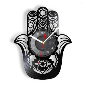 Relógios de parede Kabbalah O Hamsa Mão Relógio Étnico Feito de Registro de Vinil Real Bohemian Art Fatima Home Decor Watch Presente