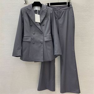 Elegantes Damen-Blazer-Hosen-Set, grau, langärmelig, luxuriös, formelle Designer-Jacke, Hose, Anzug mit mittlerer Taille, ausgestellte Hose, Outfits