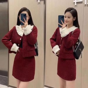 Two Piece Dress High-end Lady Chic Style Suit Set For Autumn-Winter Outerwear With Doll Collar Short Skirt Fashionable Wearing Outside