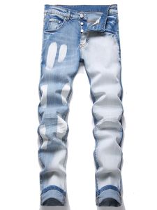 White Color-block Blue Slim-fit Men's Jeans Stretch Straight Hip Hop Streetwear Spring Casual Cotton Denim Pants